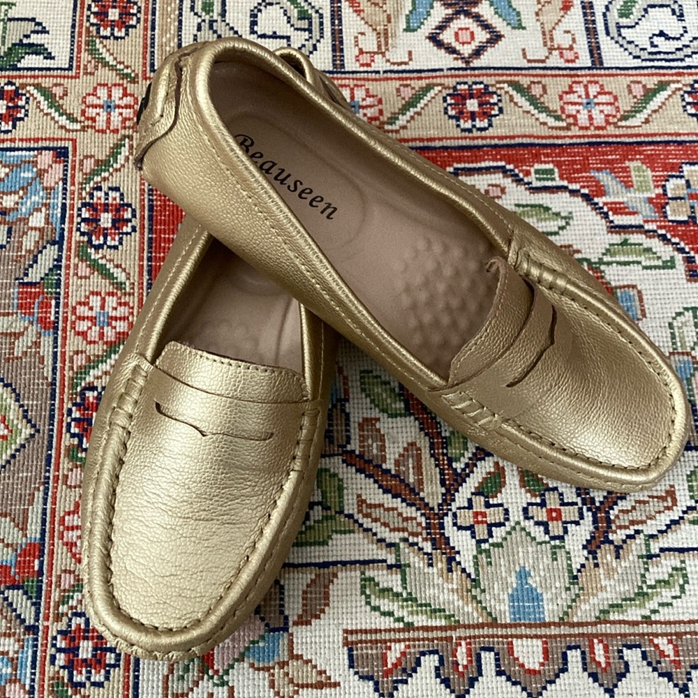 Beauseen Gold Leather Driving Moccasin Loafers 7.5